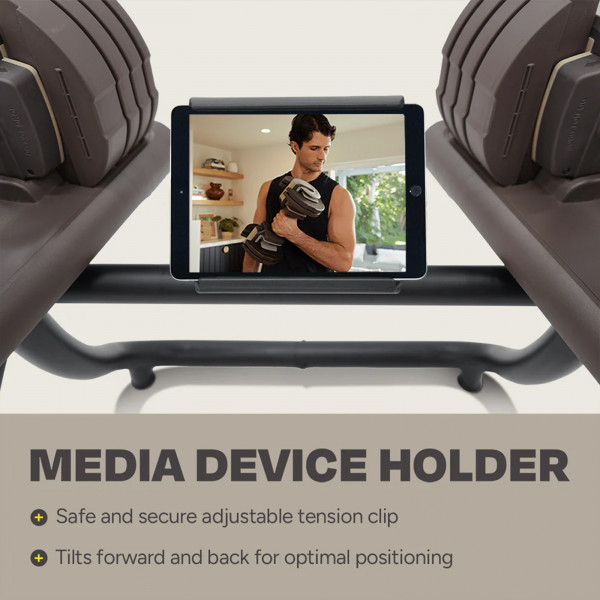 Centr Smart Stack Media Rack with an adjustable tension clip holding a tablet, showcasing the media device holder's functionality.