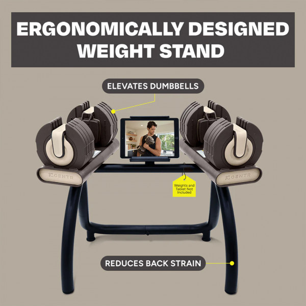 Ergonomically designed Centr Smart Stack Dumbbell Rack, elevating dumbbells for ease of use and reducing back strain.