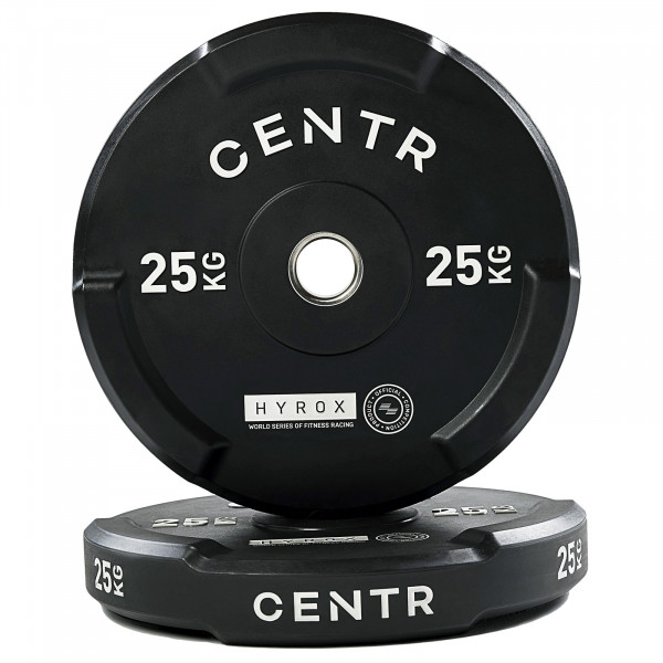 Two CENTR x HYROX Bumper Plates positioned upright and flat.