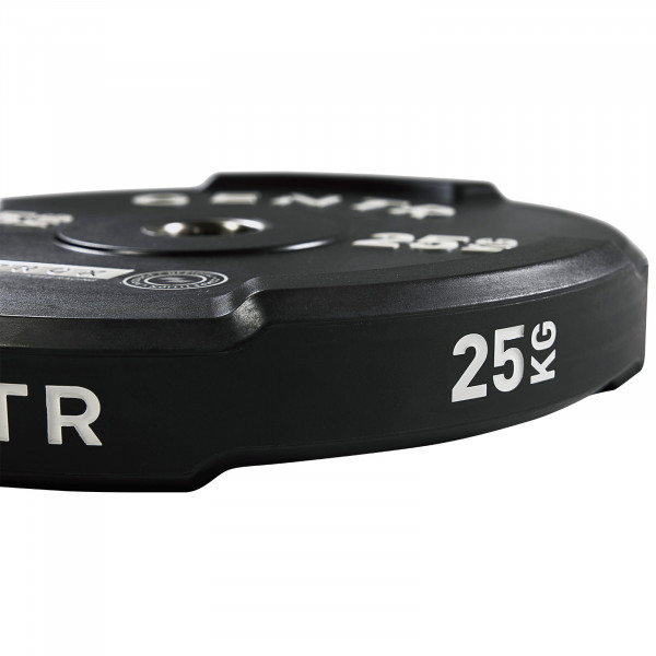 Side angle of CENTR x HYROX Bumper Plate showing weight marking.