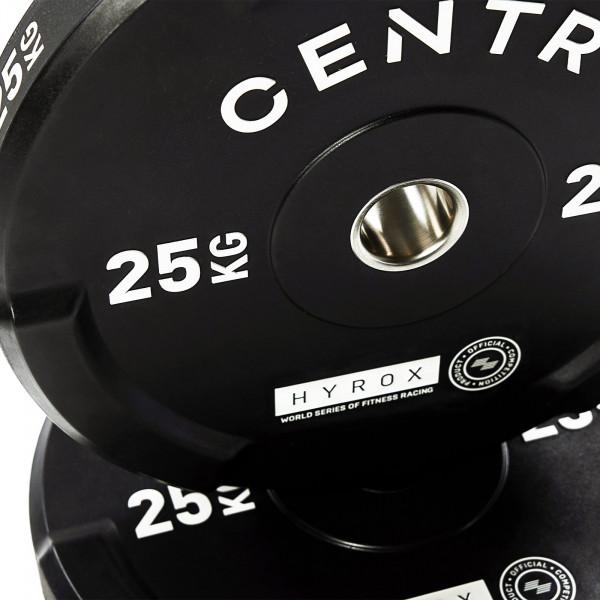 Top-down close-up of CENTR x HYROX Bumper Plate with weight marking.