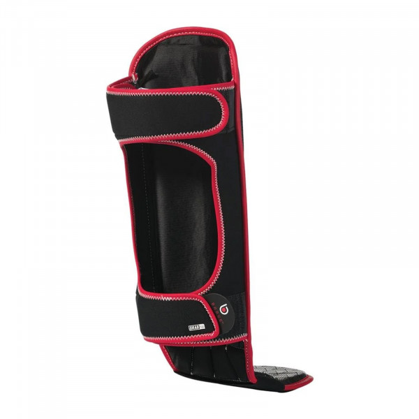 Angled strap view of the Century Brave Shin Instep Guards in black and red