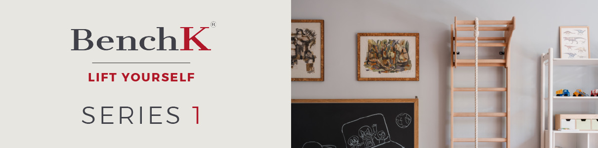 Banner showing BenchK Series 1 logo and wooden wall bars with rope in a playroom setting