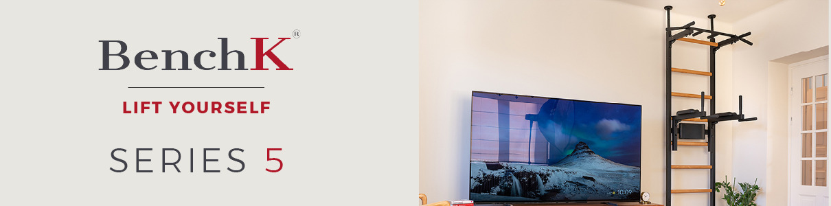 Banner showing BenchK Series 5 logo and wall bars with dip bar next to a television