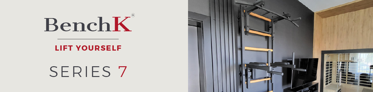 Banner showing BenchK Series 7 logo and wall bars with dip bar and pull-up bar against a dark wall