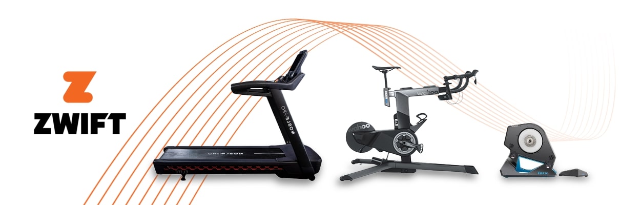 Zwift-compatible treadmill, bike, and trainer.