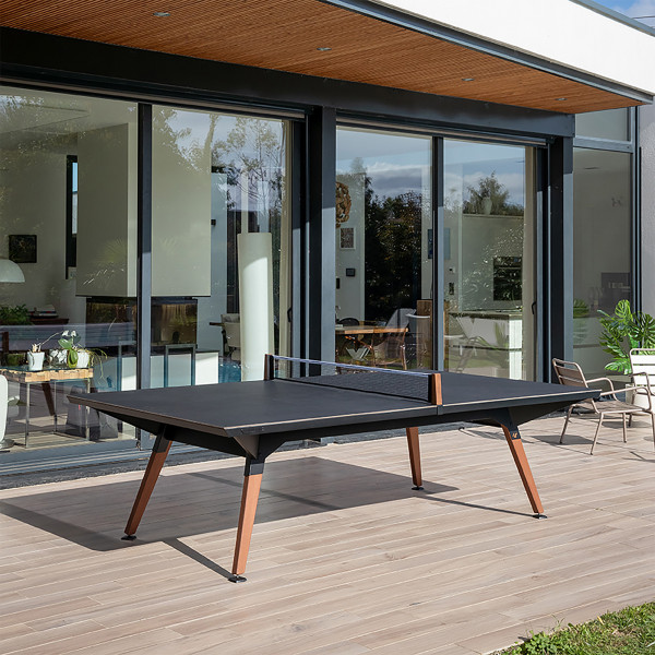 Top-angled view of the black Cornilleau Play-Style Origin Outdoor Table Tennis Table
