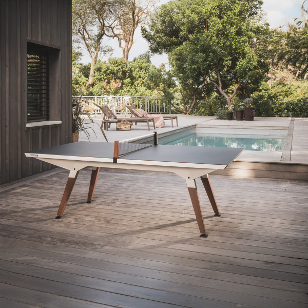 Top-angled view of the white Cornilleau Play-Style Origin Medium Outdoor Table Tennis Table