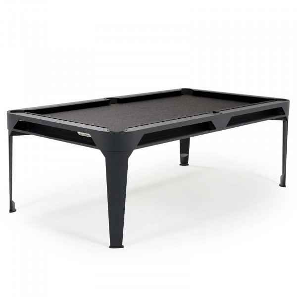 Front-right view of the Cornilleau Play-Style Hyphen outdoor pool table with black frame and dark grey cloth