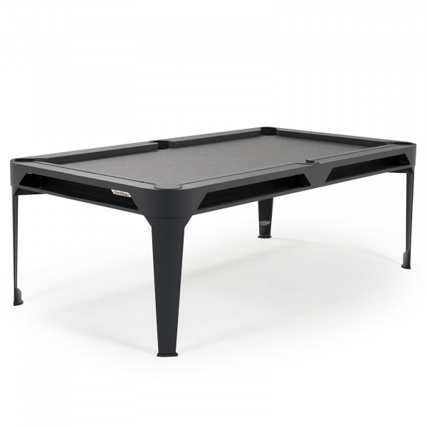 Front-right view of the Cornilleau Play-Style Hyphen outdoor pool table with black frame and light grey cloth