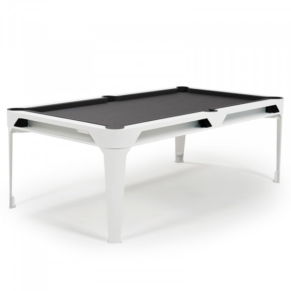 Front-right view of the Cornilleau Play-Style Hyphen outdoor pool table with white frame and dark grey cloth