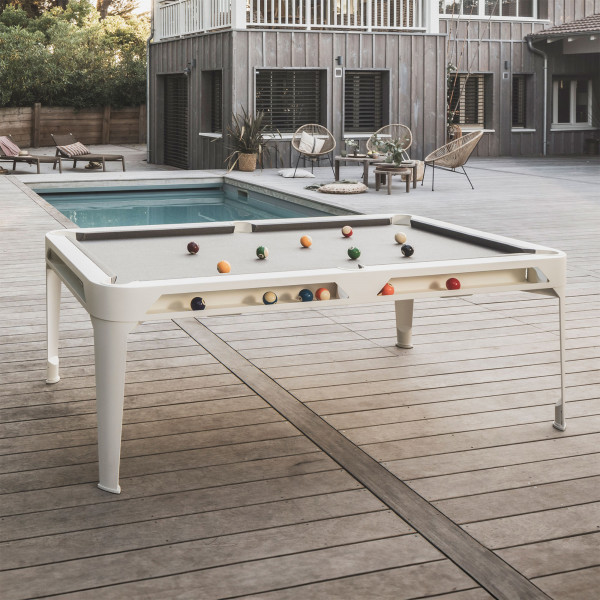 Corner view of the Cornilleau Play-Style Hyphen outdoor pool table with white frame and light grey cloth