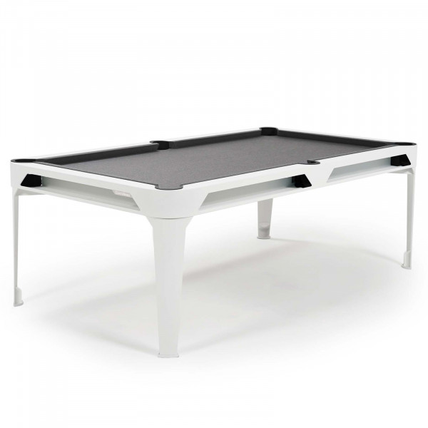 Front-right view of the Cornilleau Play-Style Hyphen outdoor pool table with white frame and light grey cloth