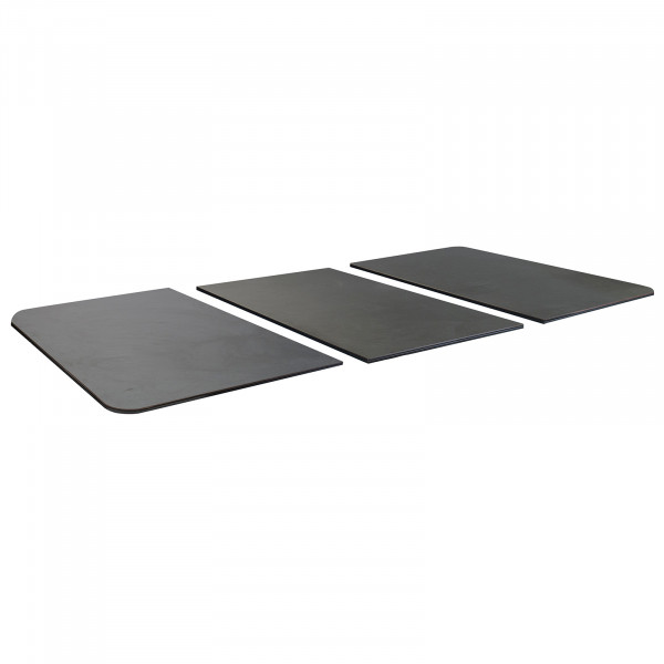 Flat lay of the Cornilleau Hyphen dining tops in lava stone and light mineral finishes
