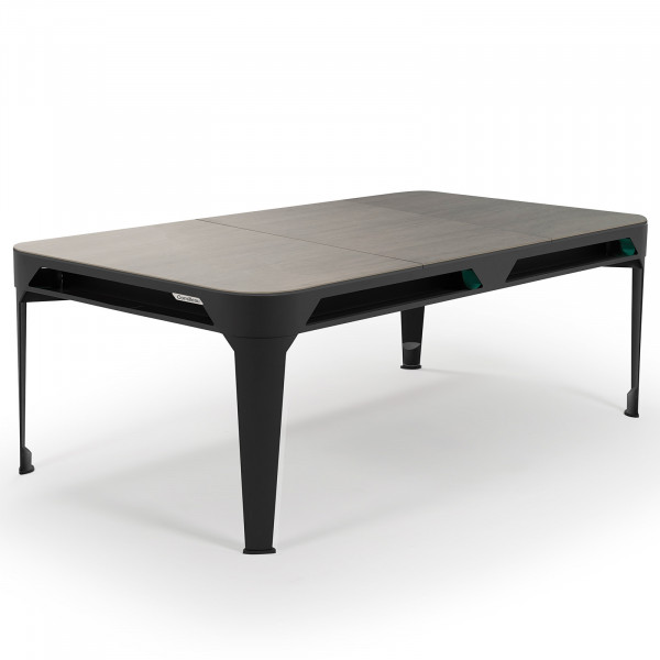 Dark wood dining top on black Cornilleau Hyphen pool table, fully set up