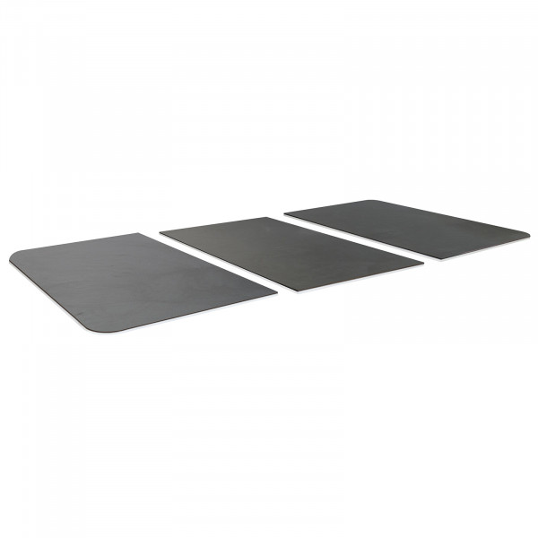 Flat lay of the Cornilleau Hyphen dining tops in polished concrete and lava stone finishes