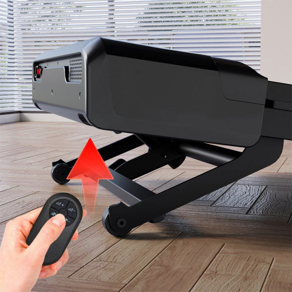 Closeup of the auto incline mechanism and remote control for the DeerRun Z10 Smart Auto Incline Walking Pad