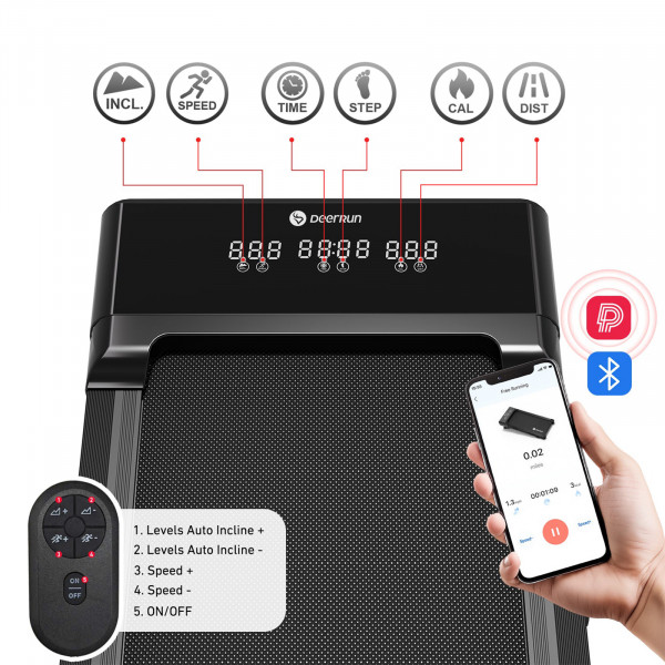 DeerRun Z10 Smart Auto Incline Walking Pad display with workout metrics, PitPat app and remote control
