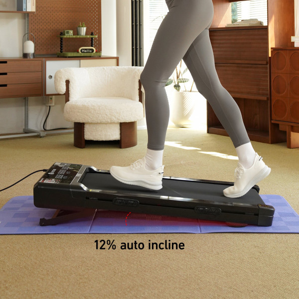 Model walking on the DeerRun Z10 Smart Auto Incline Walking Pad at 12% auto incline