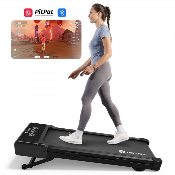 Model walking on the DeerRun Z10 Smart Auto Incline Walking Pad with PitPat interactive workout