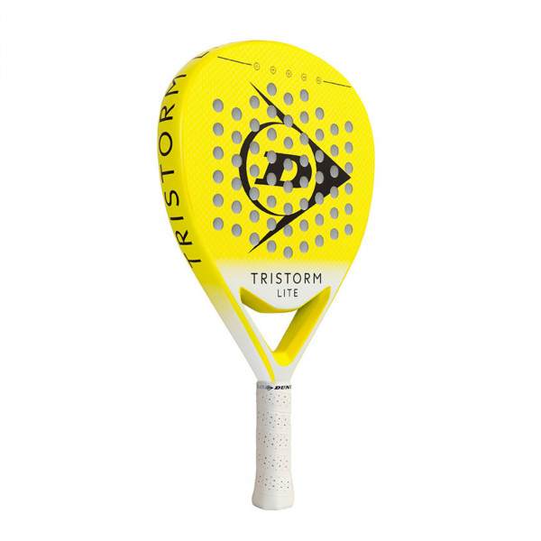 Angled front view of the Dunlop Tristorm Lite Padel Racket in yellow/white