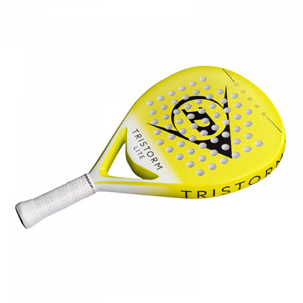 Angled side view of the Dunlop Tristorm Lite Padel Racket in yellow/white