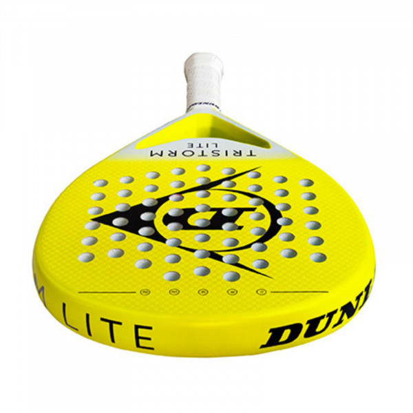 Close-up face detail of the Dunlop Tristorm Lite Padel Racket in yellow/white