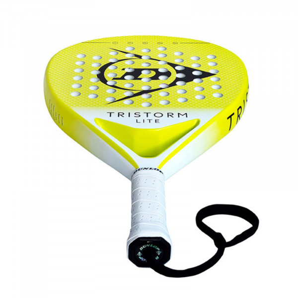 Top edge view of the Dunlop Tristorm Lite Padel Racket in yellow/white