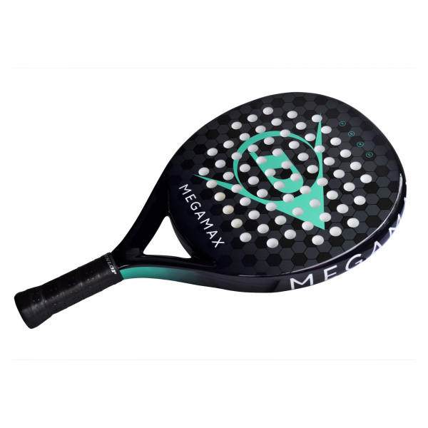 Angled side view of the Dunlop Megamax Padel Racket in black/green