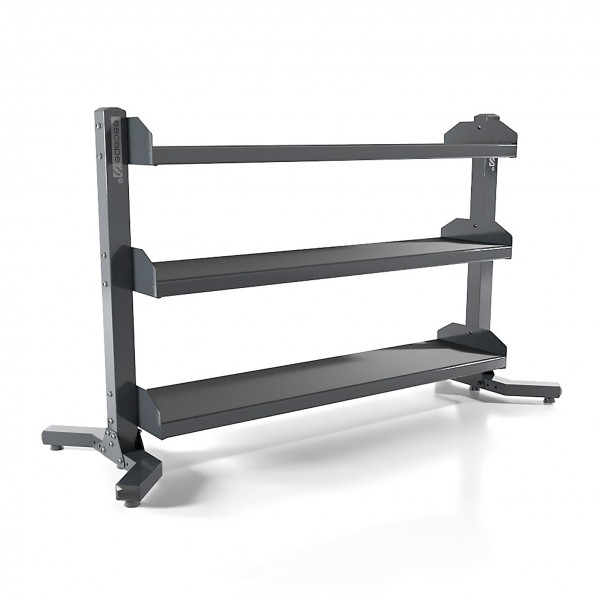 Angled view of the Escape Fitness Universal Rack with three shelves.