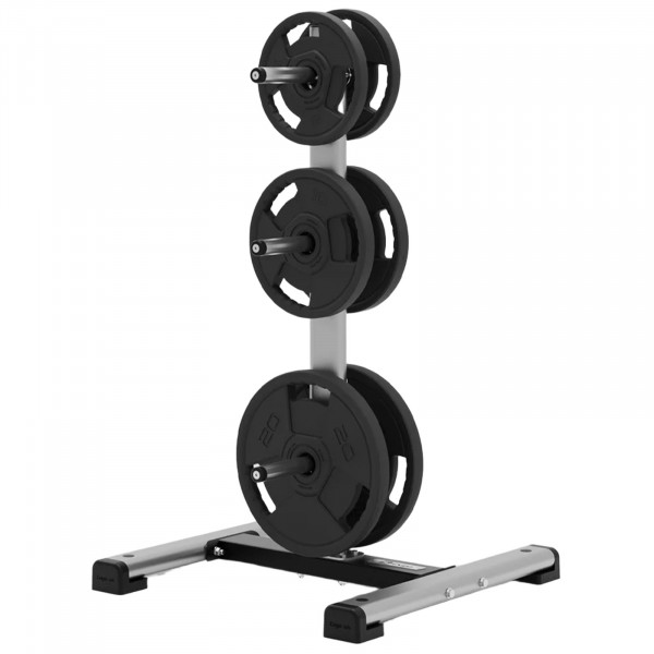 Front-right view of the Exigo Olympic Weight Tree loaded with plates