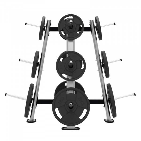 Front view of the Exigo Olympic Bumper Plate Weight Tree with 3 weight plates
