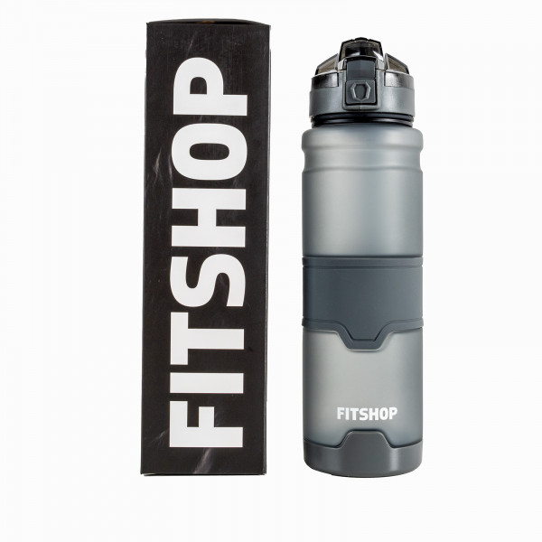 Front view of the Fitshop Tritan Bottle 1000ml in grey and its packaging.