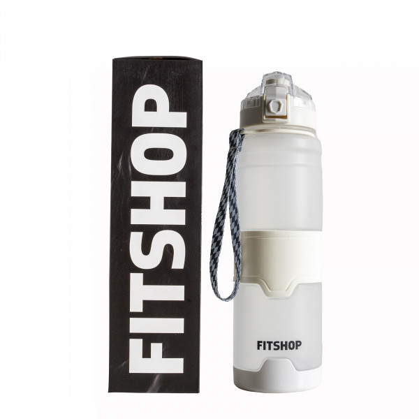 Front view of the Fitshop Tritan Bottle 1000ml and its packaging.