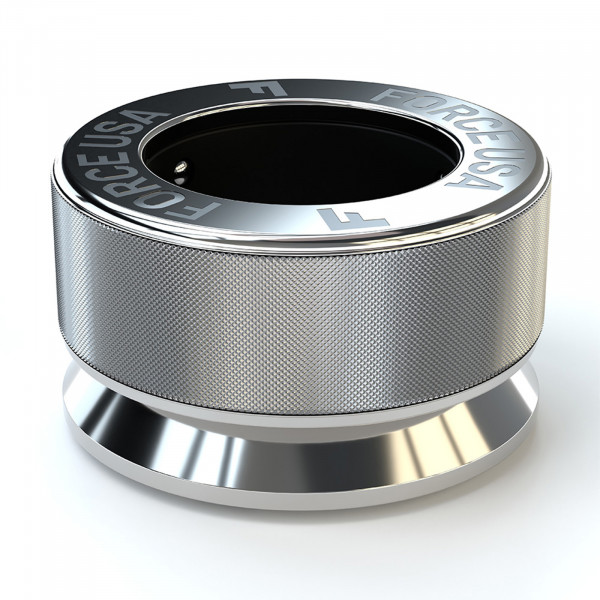 Angled side view of the silver Force USA Xcalibur Olympic Collar