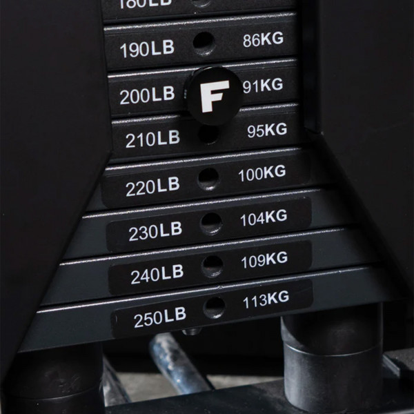 Detailed view of Force USA Weight Stack Upgrade weight plates and labels