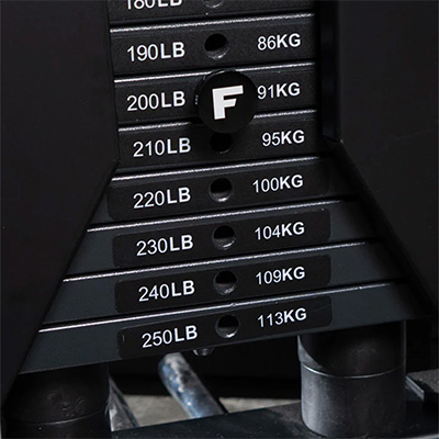 Detailed view of Force USA Weight Stack Upgrade weight plates and labels