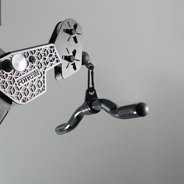 lifestyle image of the Force USA Short Revolving EZ Curl Bar attached to a cable machine.