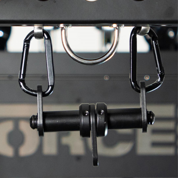 Lifestyle product image of the Force USA Dual Cable Connector attached to a cable machine