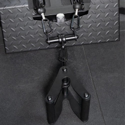 Lifestyle product image of the Force USA Dual Cable Connector attached to a cable machine and an attachment