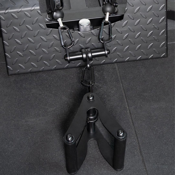 Lifestyle product image of the Force USA Dual Cable Connector attached to a cable machine and an attachment