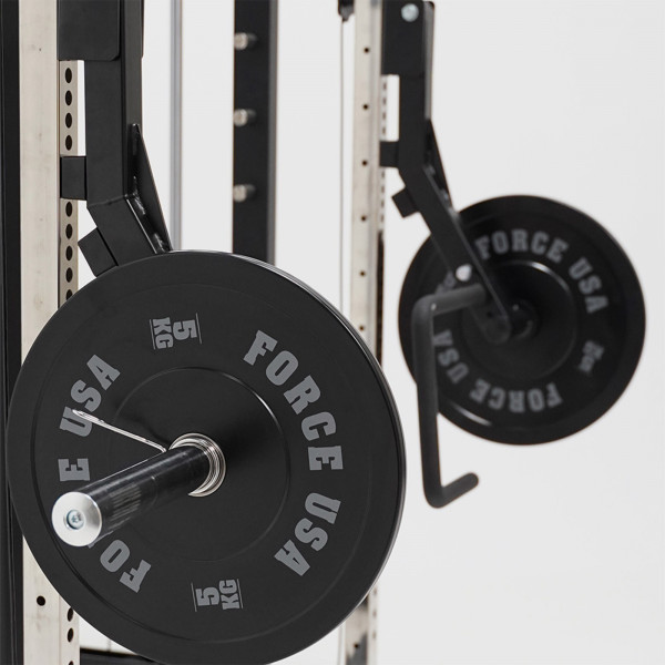 Force USA G and C-Series Jammer Arms loaded with weight plates on a training rack