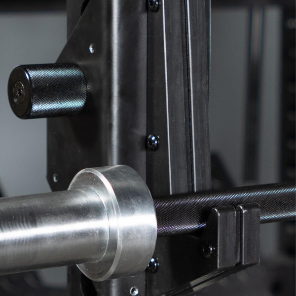 Close-up of Force USA J-Hook with barbell racked