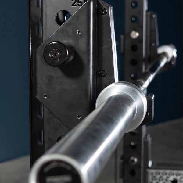 Angled view of the Force USA J-Hook mounted on rack