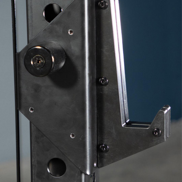 Close-up of the Force USA J-Hook pin and upright fit