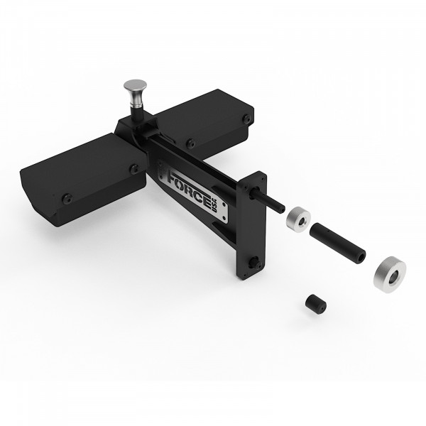 Angled exploded view of the Force USA Leg Holder and Low Row Attachment