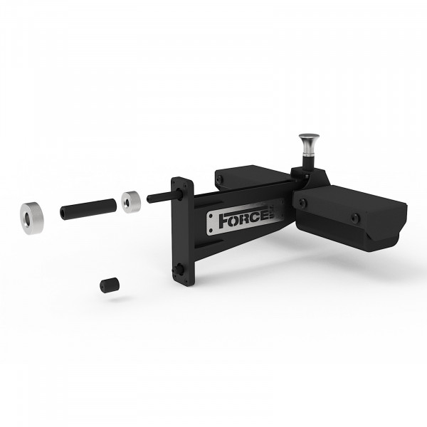 Exploded three-quarter view of the Force USA Leg Holder and Low Row Attachment