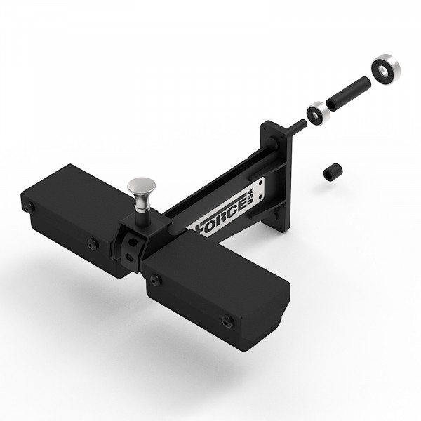 Top-angled exploded view of the Force USA Leg Holder and Low Row Attachment