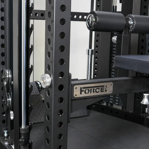 Close-up of the Force USA Swivel Seat arm and logo plate