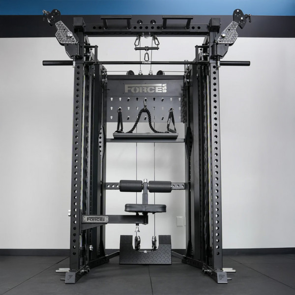 Front view of the Force USA Swivel Seat mounted on rack